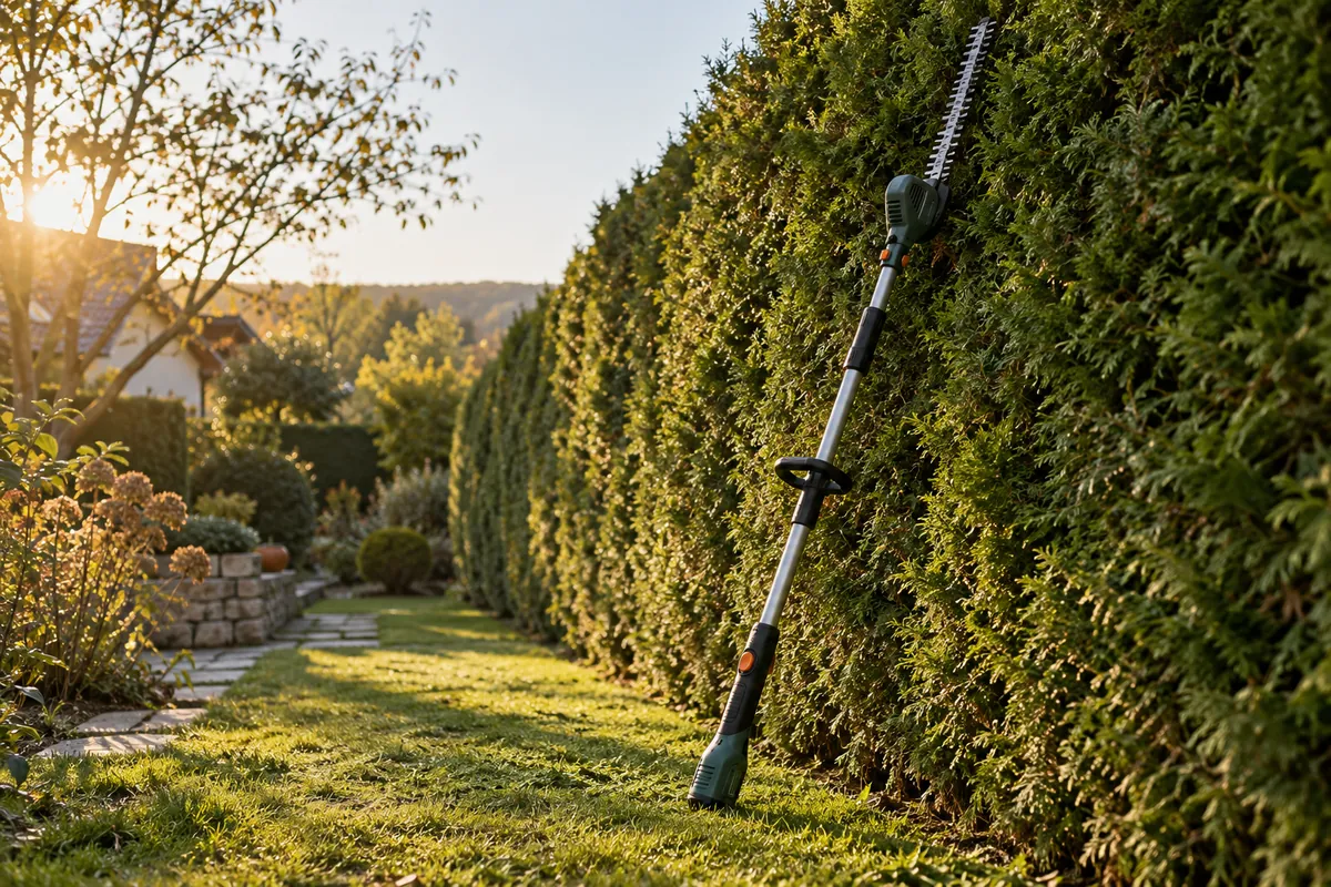 Teleskop-Heckenschere lehnt an einer hohen Thujahecke in einem Garten